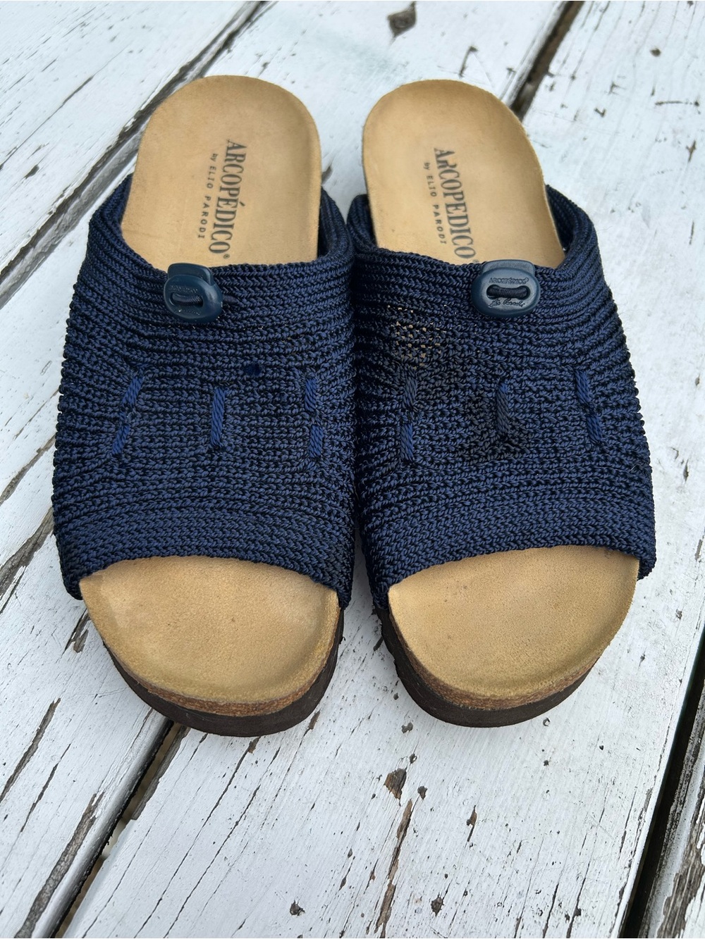 Arcopedico Navy Knit Slide with Button Accent